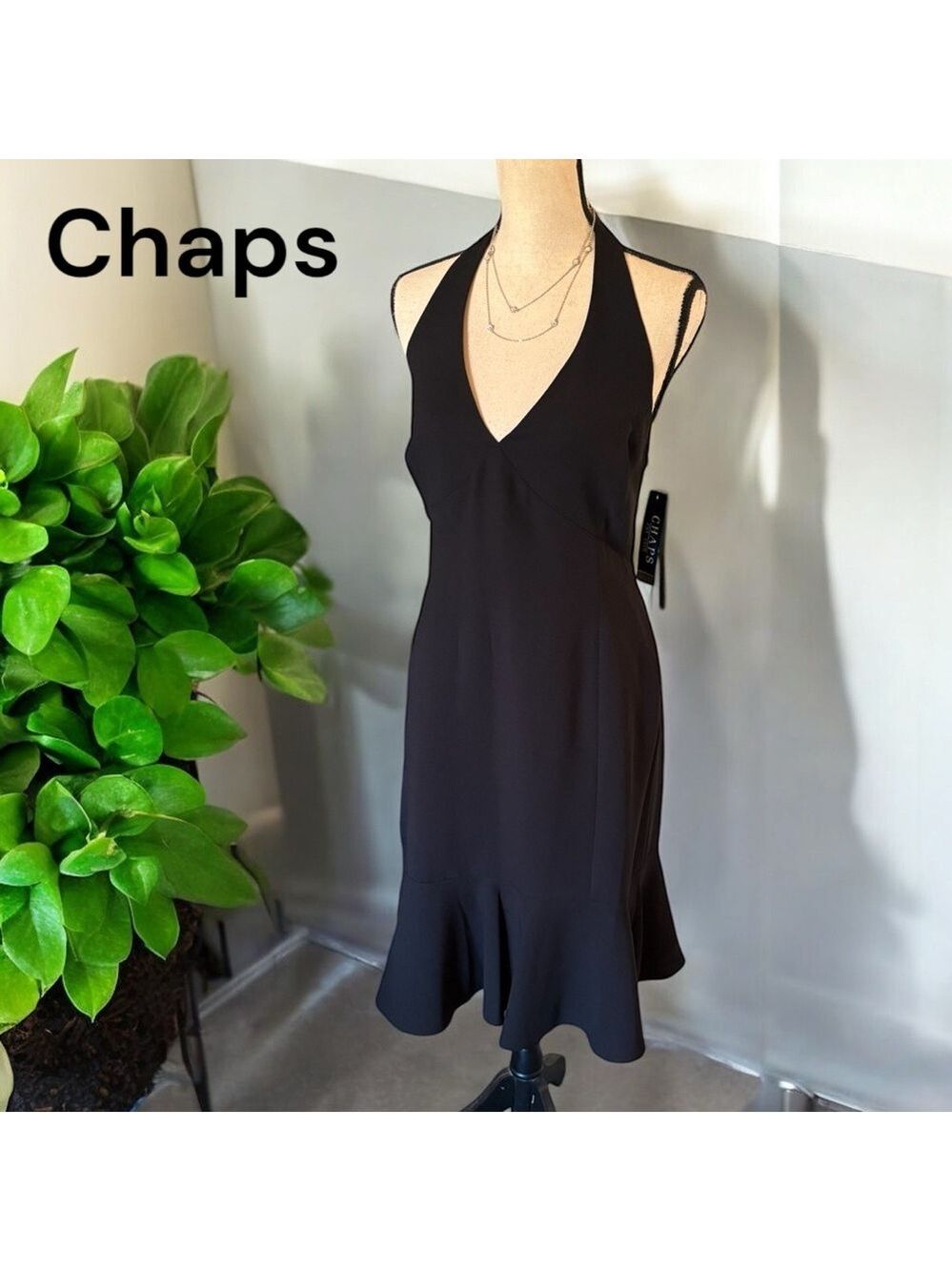 Chaps-NWT size 14 Newport black halter dress. Lined, side zip, flared bottom